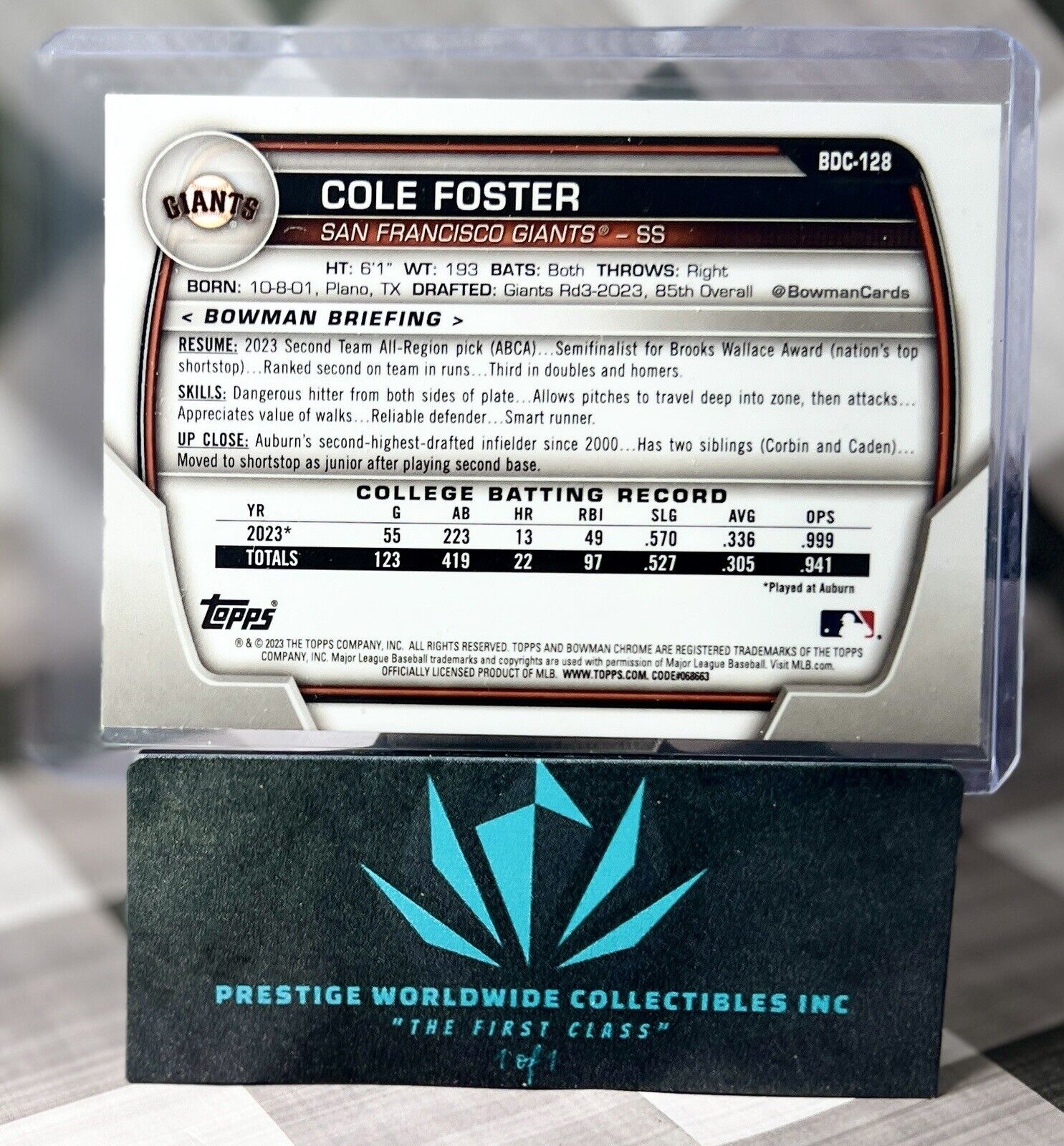 Cole Foster 2023 Bowman Draft 1st Yellow Lunar Crater Refractor /75 #BDC-128 SFG