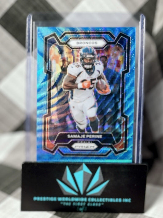 Samaje Perine 2023 Panini Prizm Blue Wave Prizm /199 #88 Denver Broncos