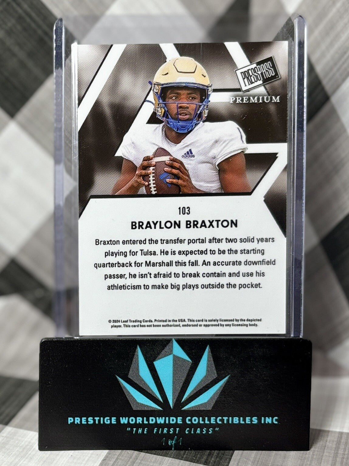 Braylon Braxton 2024 Leaf Press Pass Premium Prospect #103 Tulsa & Marshall QB