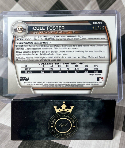 Cole Foster 2023 Bowman Chrome Draft 1st Orange Refractor /25 #BDC-128 SF Giants