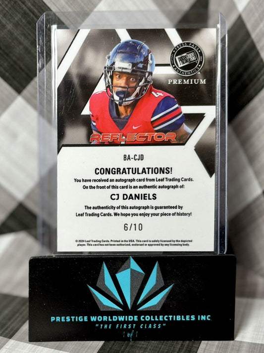 CJ Daniels 2024 Leaf Press Pass Red Reflector Auto /10 #BA-CJD Liberty Flames