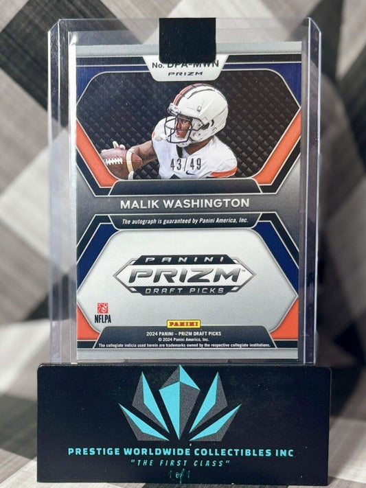 Malik Washington 2024 Prizm Draft Picks Orange Wave Auto /49 #DPA-MWN UVA Miami