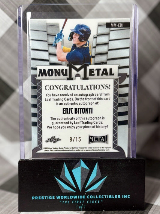 Eric Bitonti 2024 Leaf Metal Silver Crystal MonuMetal Auto /15 #MM-EB1 Brewers