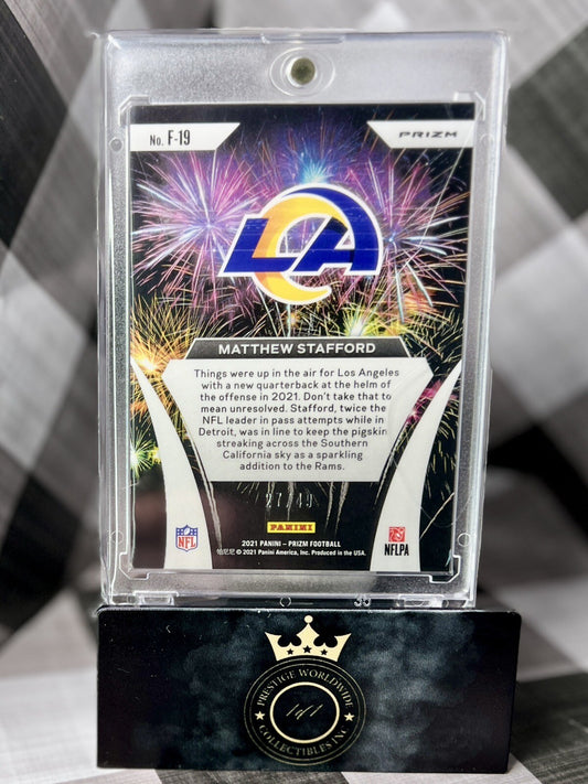Matthew Stafford 2021 Panini Prizm Fireworks Purple Power Prizm /49 #F-19 Rams