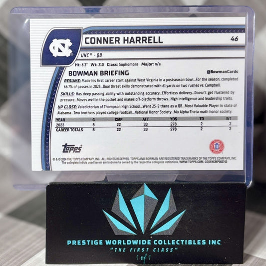 Conner Harrell 2024 Bowman Chrome University 1st Pink Refractor /150 #46 UNC RC